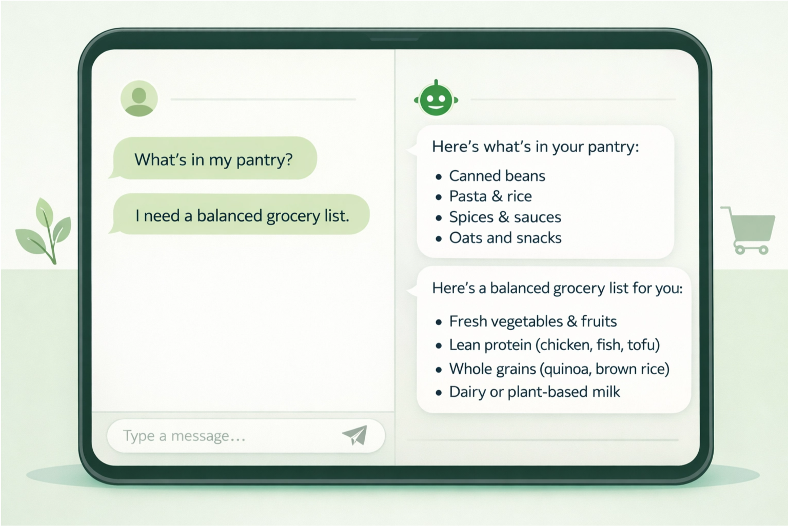 GroceryAI chat assistant helping plan balanced meals